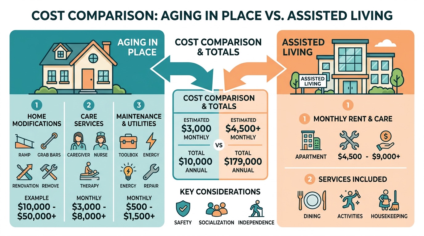 Chart comparing costs of aging in place versus assisted living over time