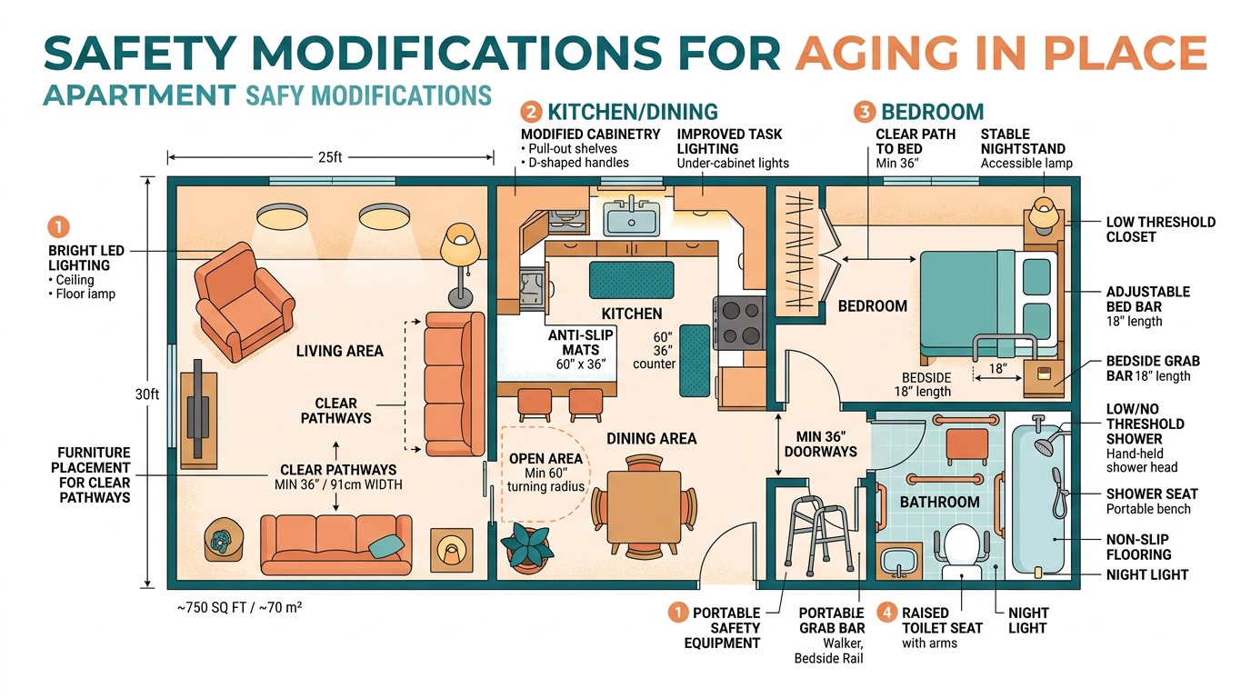 Diagram showing key safety modifications for aging in place in apartments