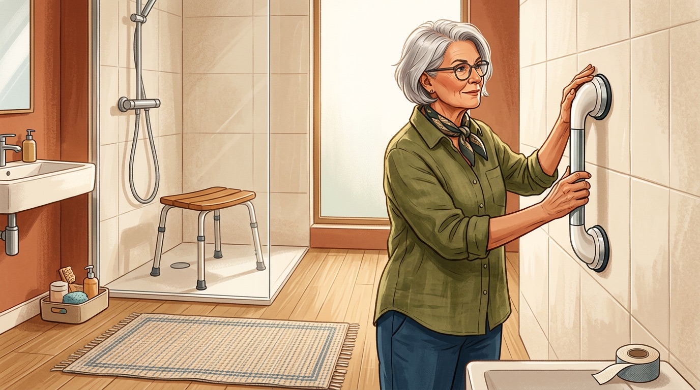 Apartment bathroom with safety modifications for aging in place