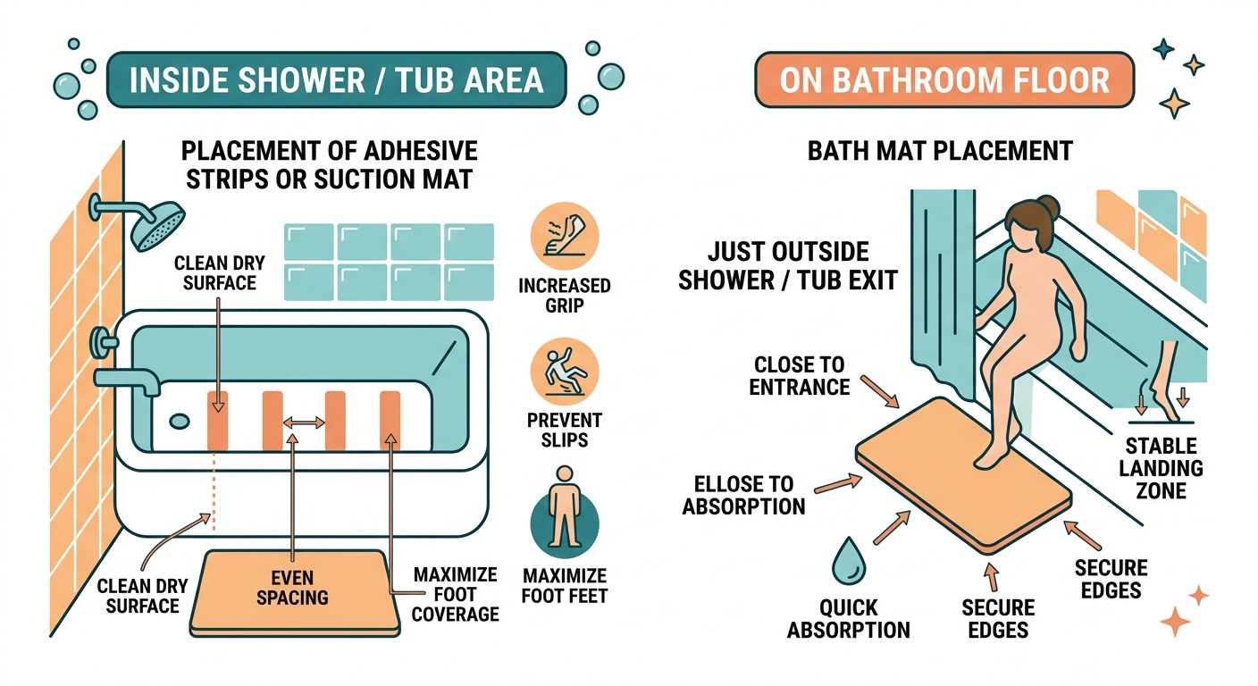 Diagram showing proper placement of bath mats and adhesive strips in a bathroom
