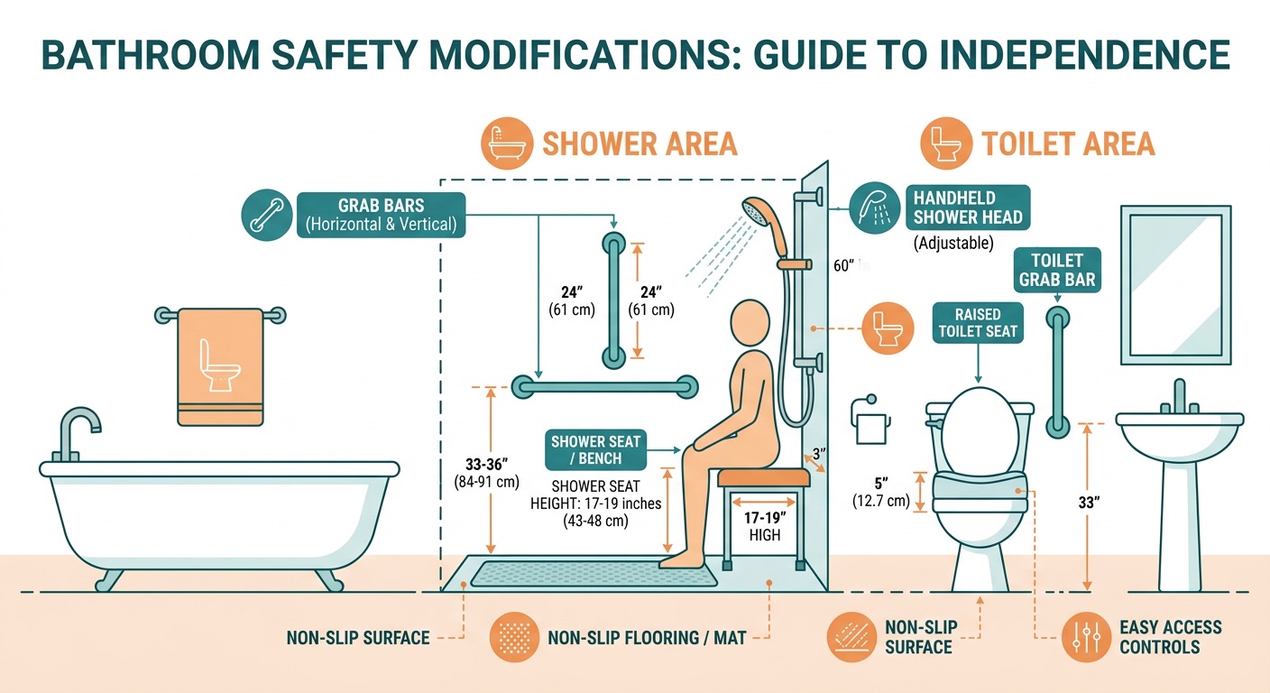 Bathroom fall prevention measurements and modifications for hip replacement recovery