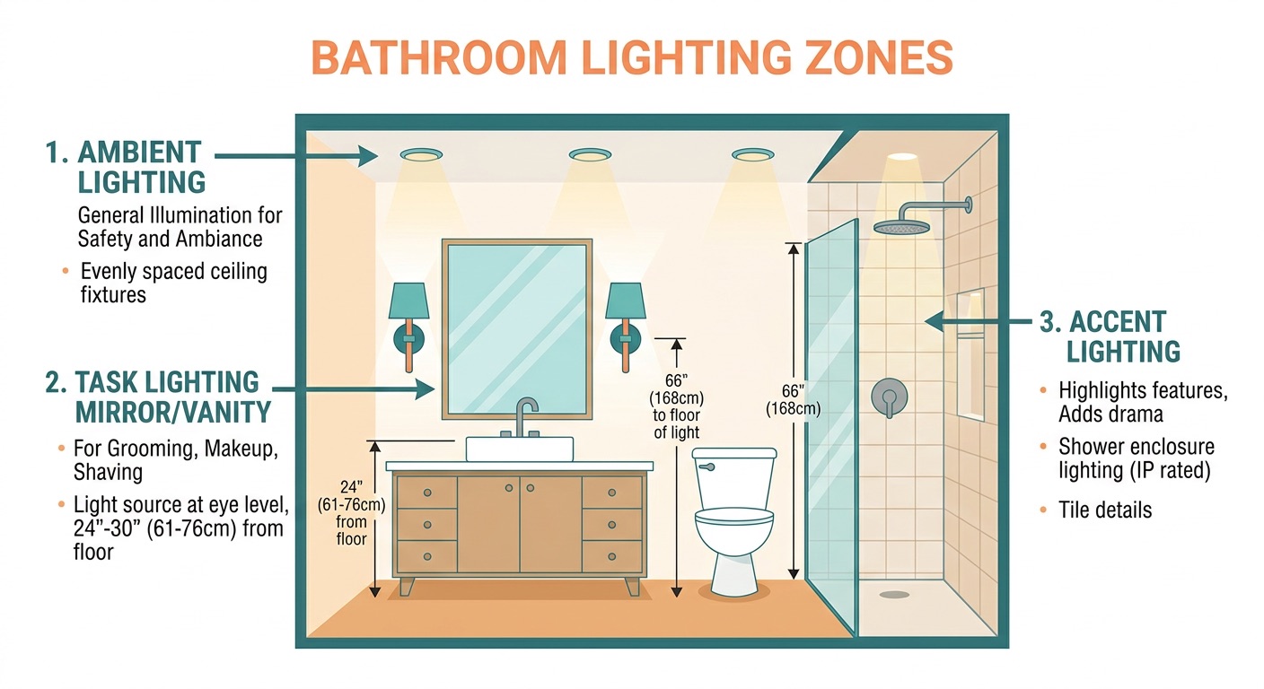 Diagram showing optimal lighting zones in a bathroom for aging eyes