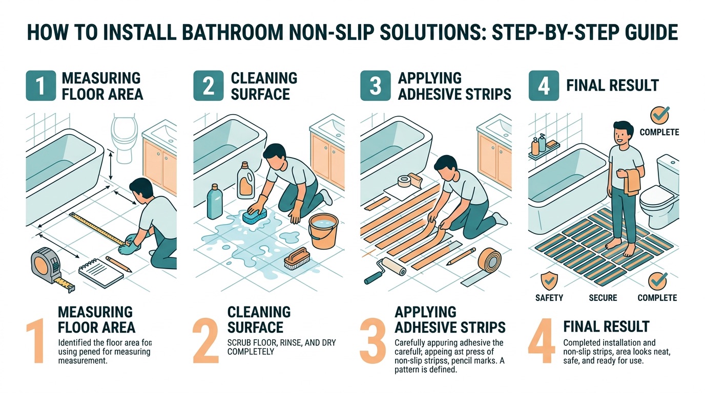 Guide showing installation steps for non-slip bathroom flooring