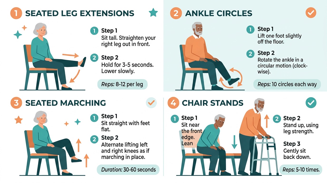 Diagram showing chair-based fall prevention exercises for older adults