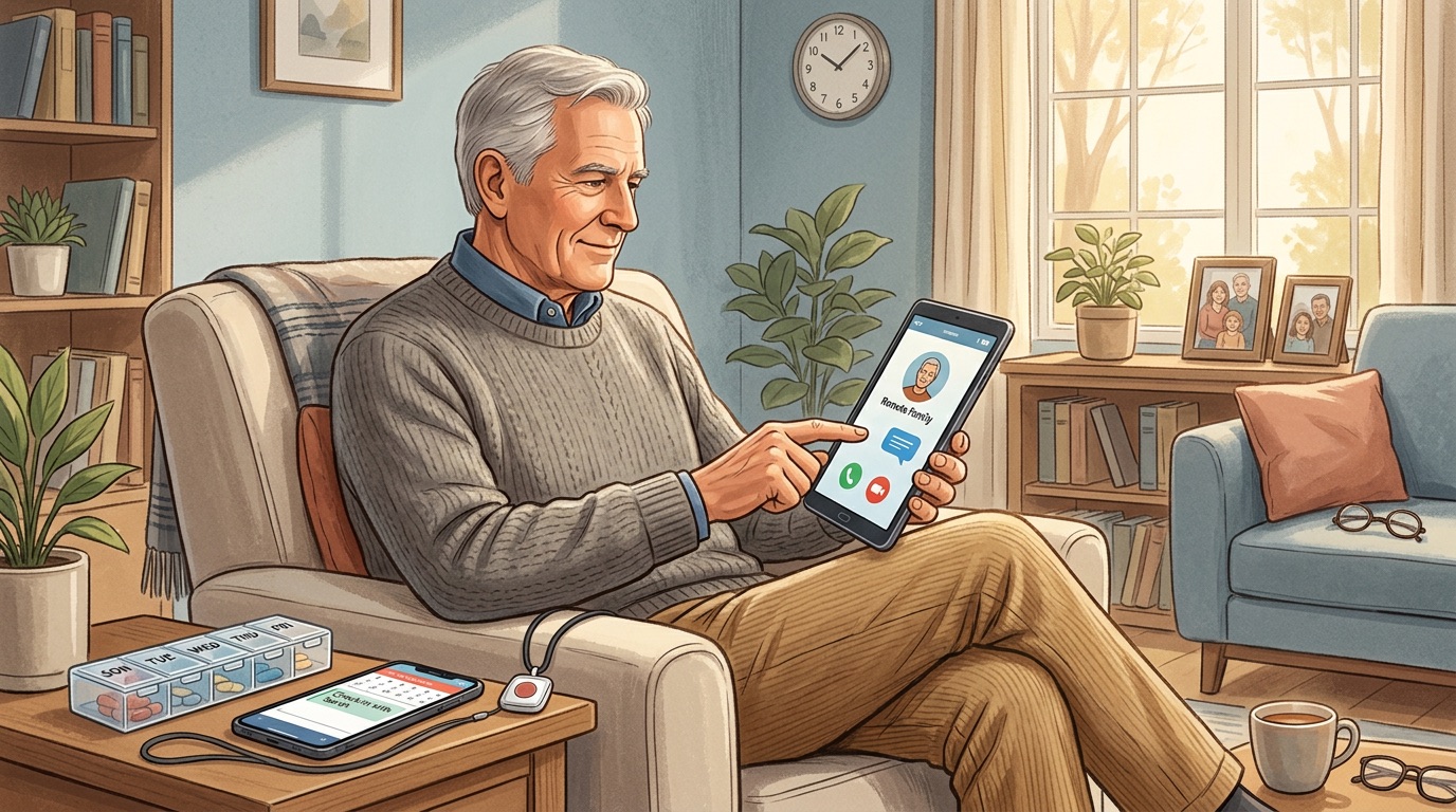 Elderly parent using modern technology to support independent living