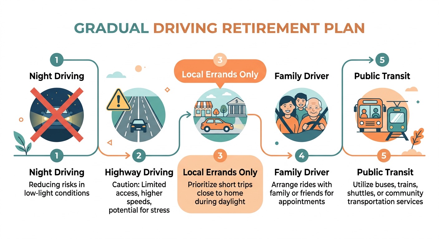 Timeline infographic showing gradual driving retirement phases