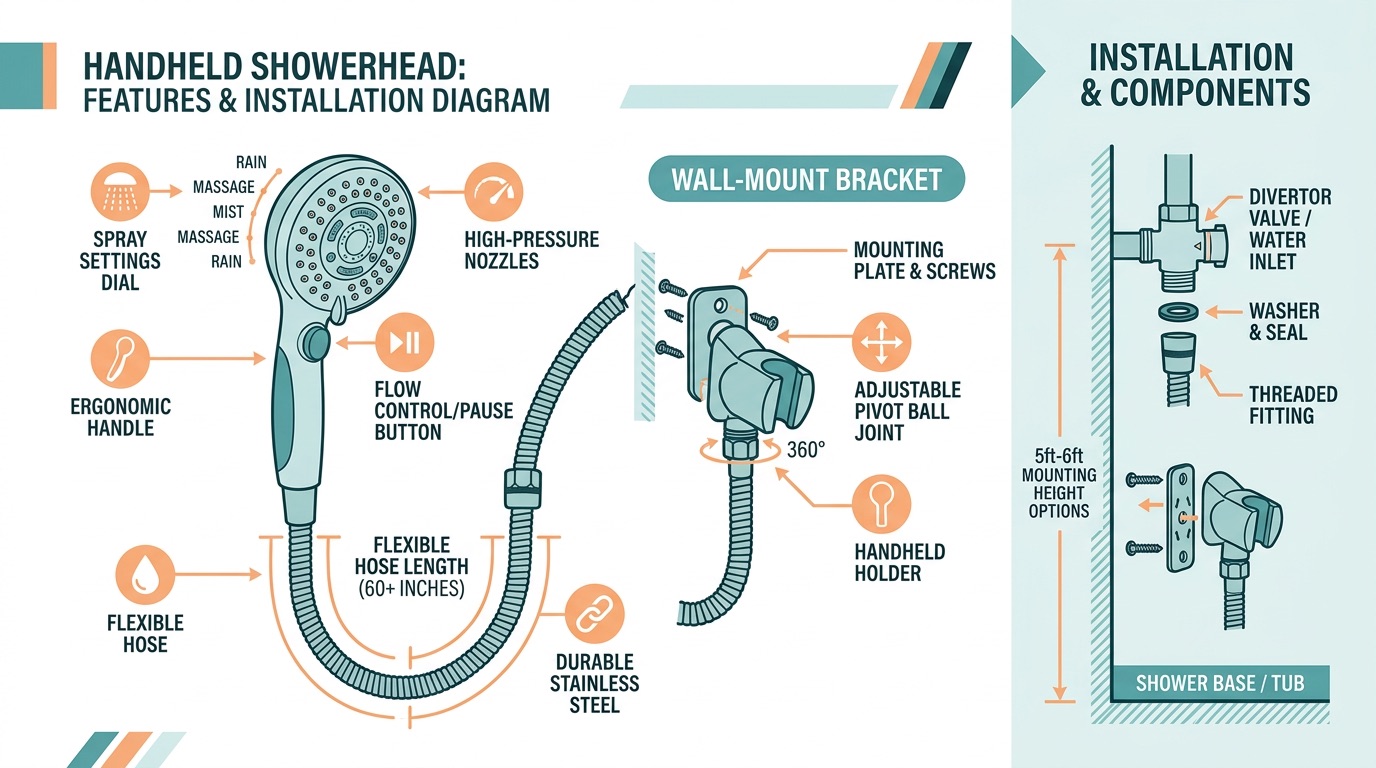 Guide showing key features and installation steps for handheld showerheads