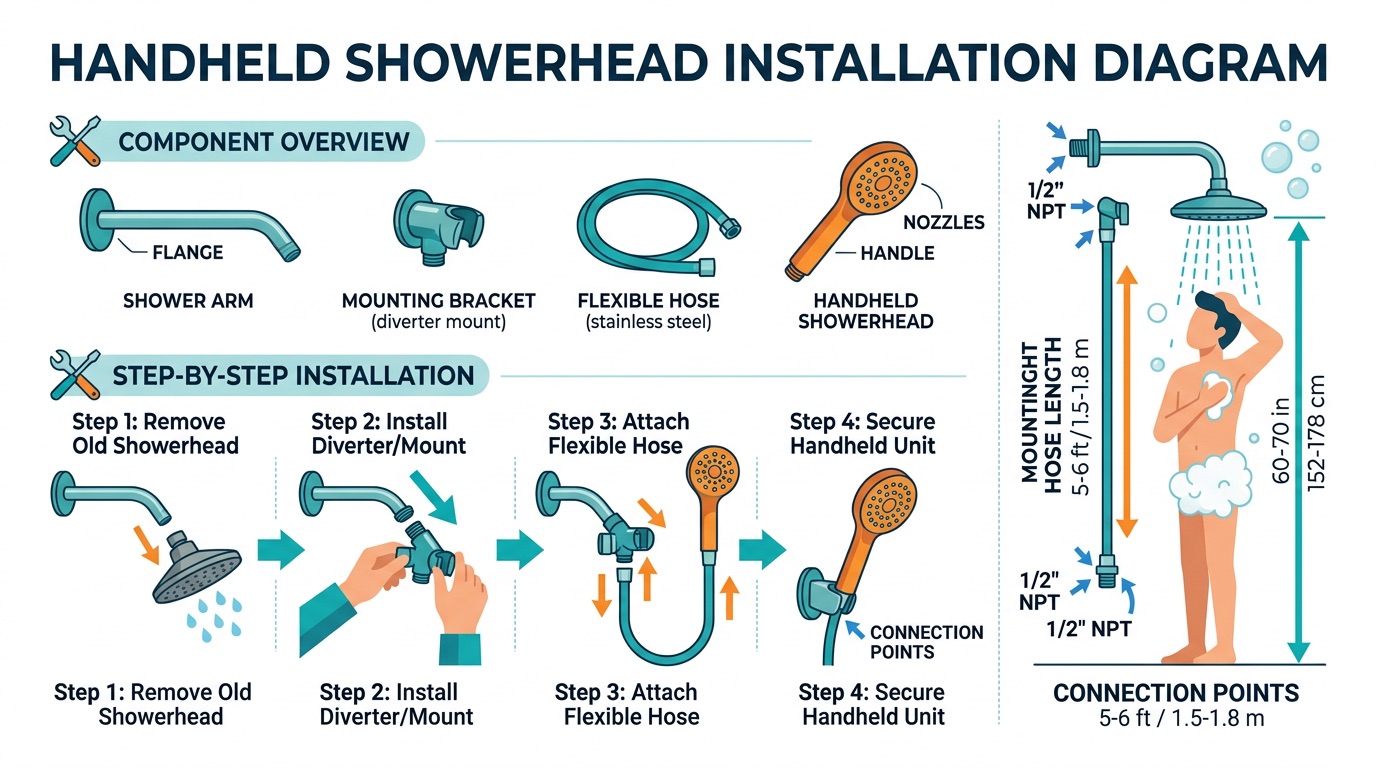 Step-by-step installation diagram for handheld showerheads