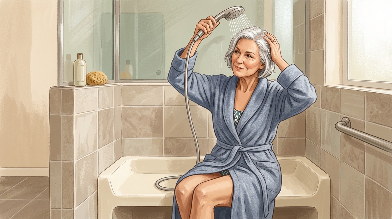 Diagram showing safety benefits of handheld showerheads for seniors