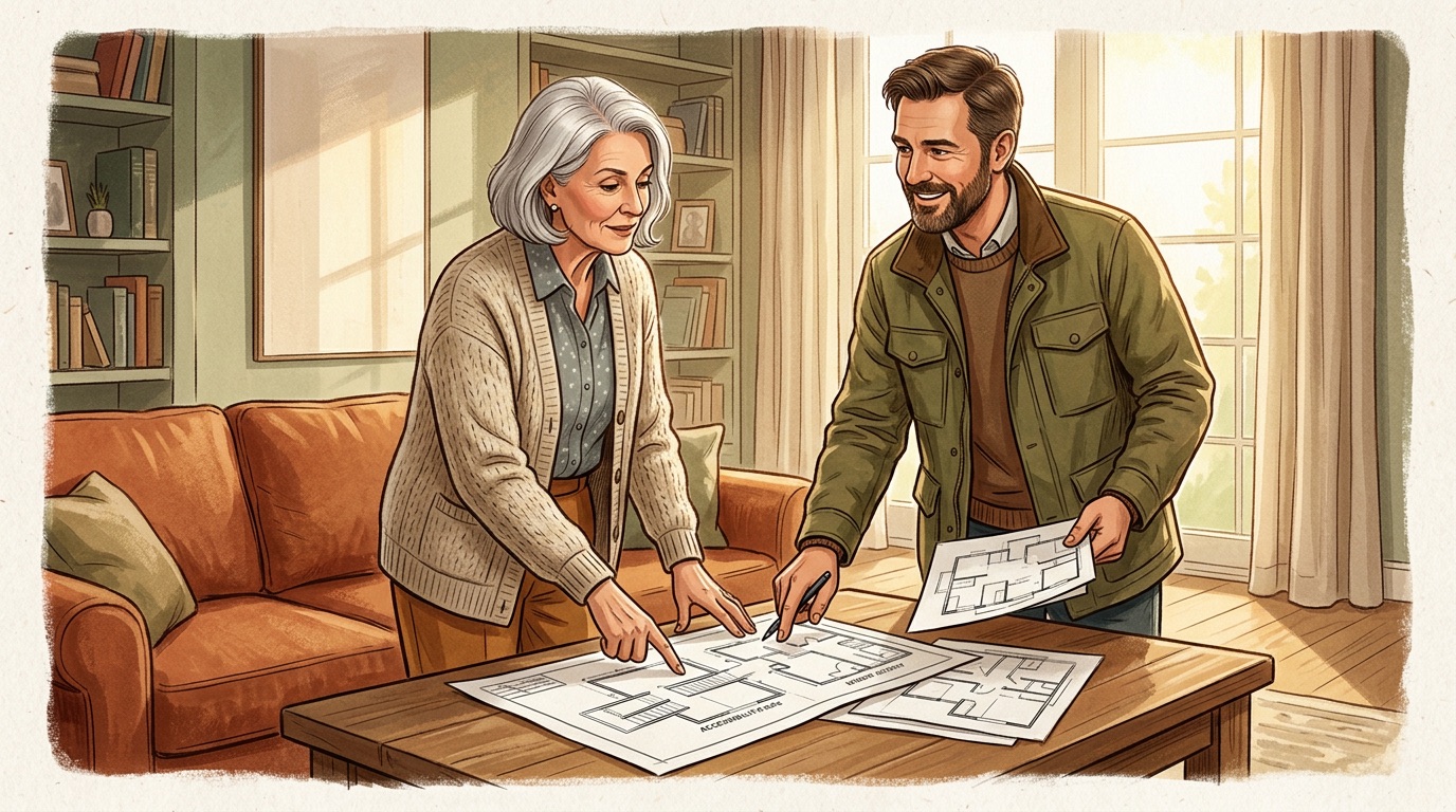 Homeowner consulting with aging-in-place contractor at home