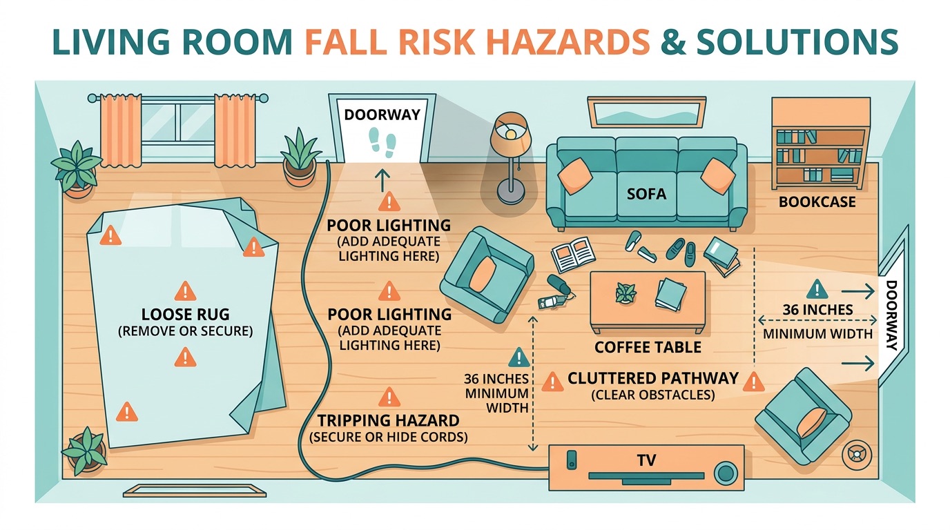 Living room fall risk assessment diagram showing potential hazards