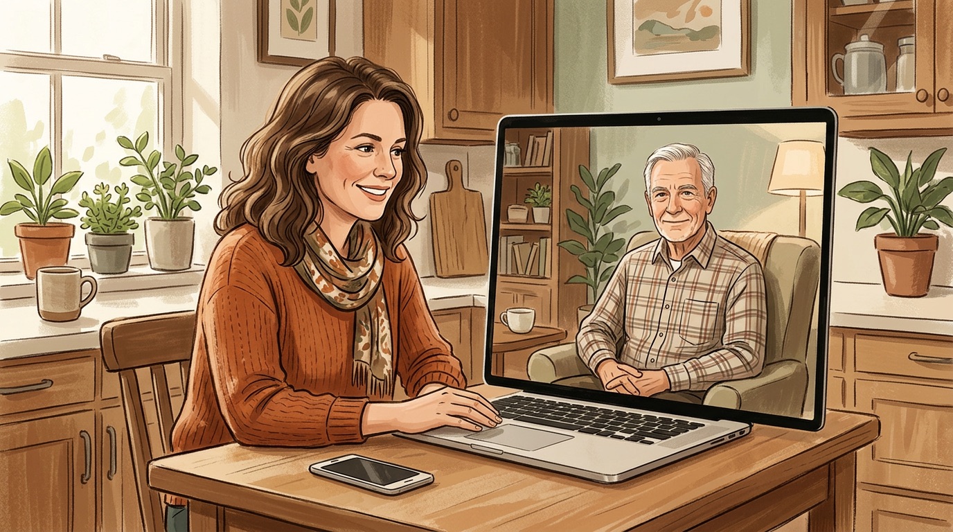 Video call between elderly parent and adult child using technology for long-distance caregiving