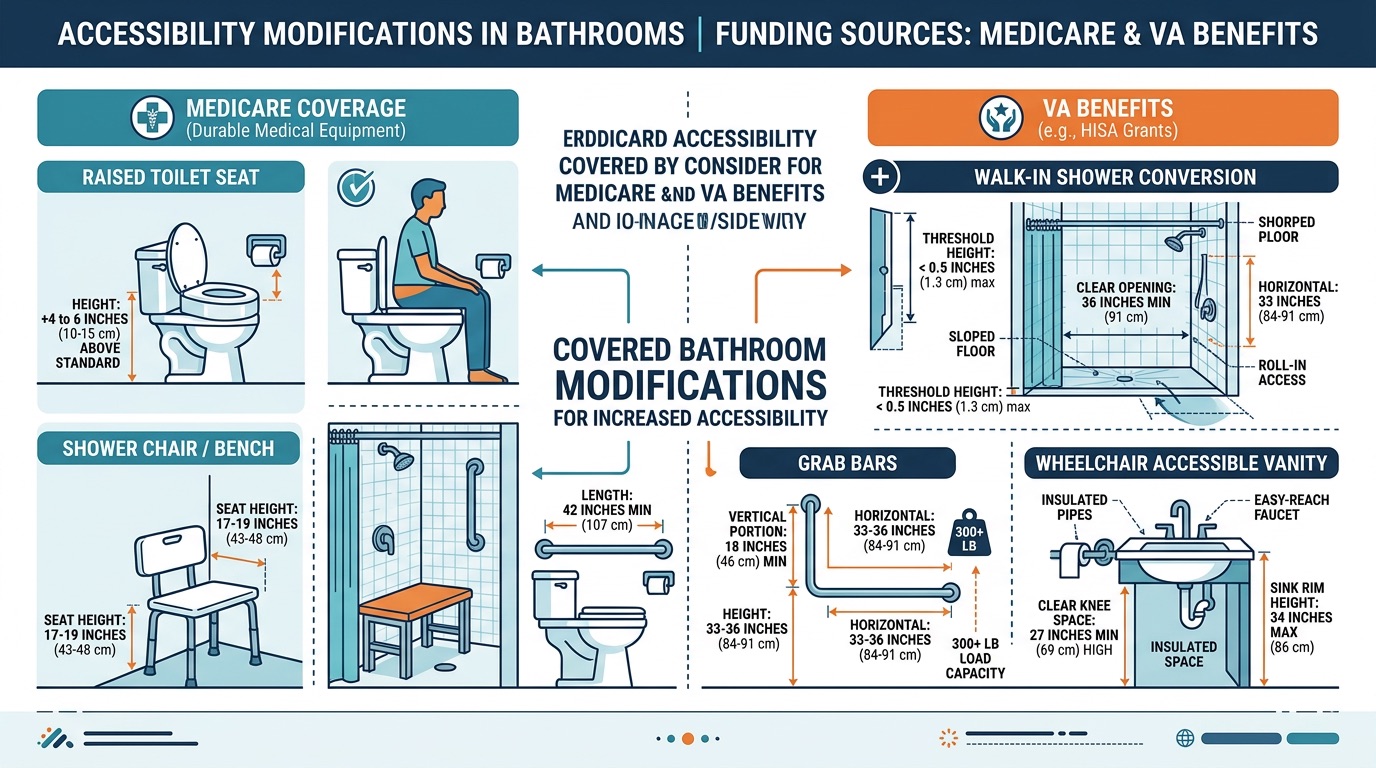 Infographic showing bathroom modifications covered by Medicare and VA benefits