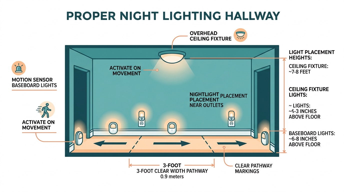 Diagram showing optimal placement of motion sensor lights and night lights