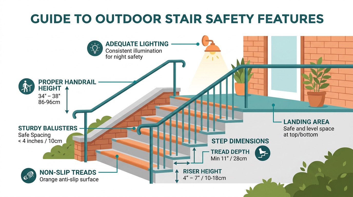Diagram showing proper outdoor stair safety measurements and features