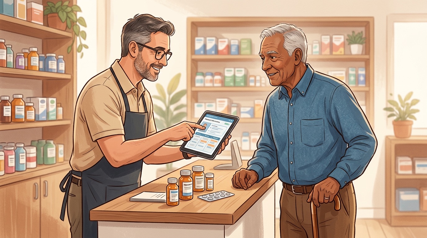 Pharmacist consulting with older adult about medication safety