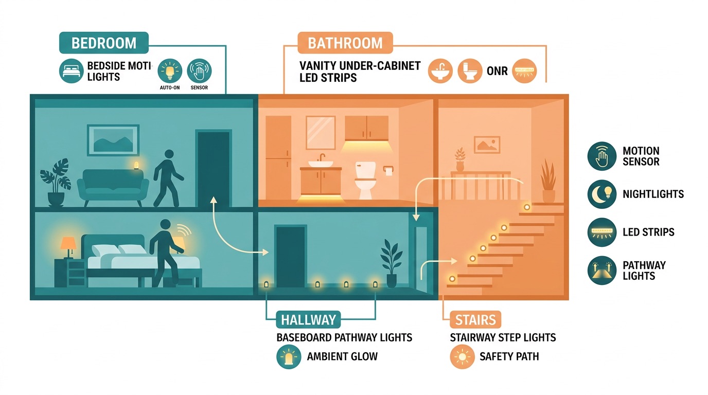 Floor plan showing optimal lighting placement for each room