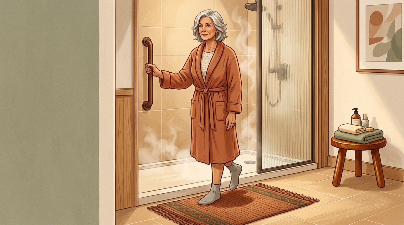 Diagram showing safe bath mat placement for exiting shower or tub