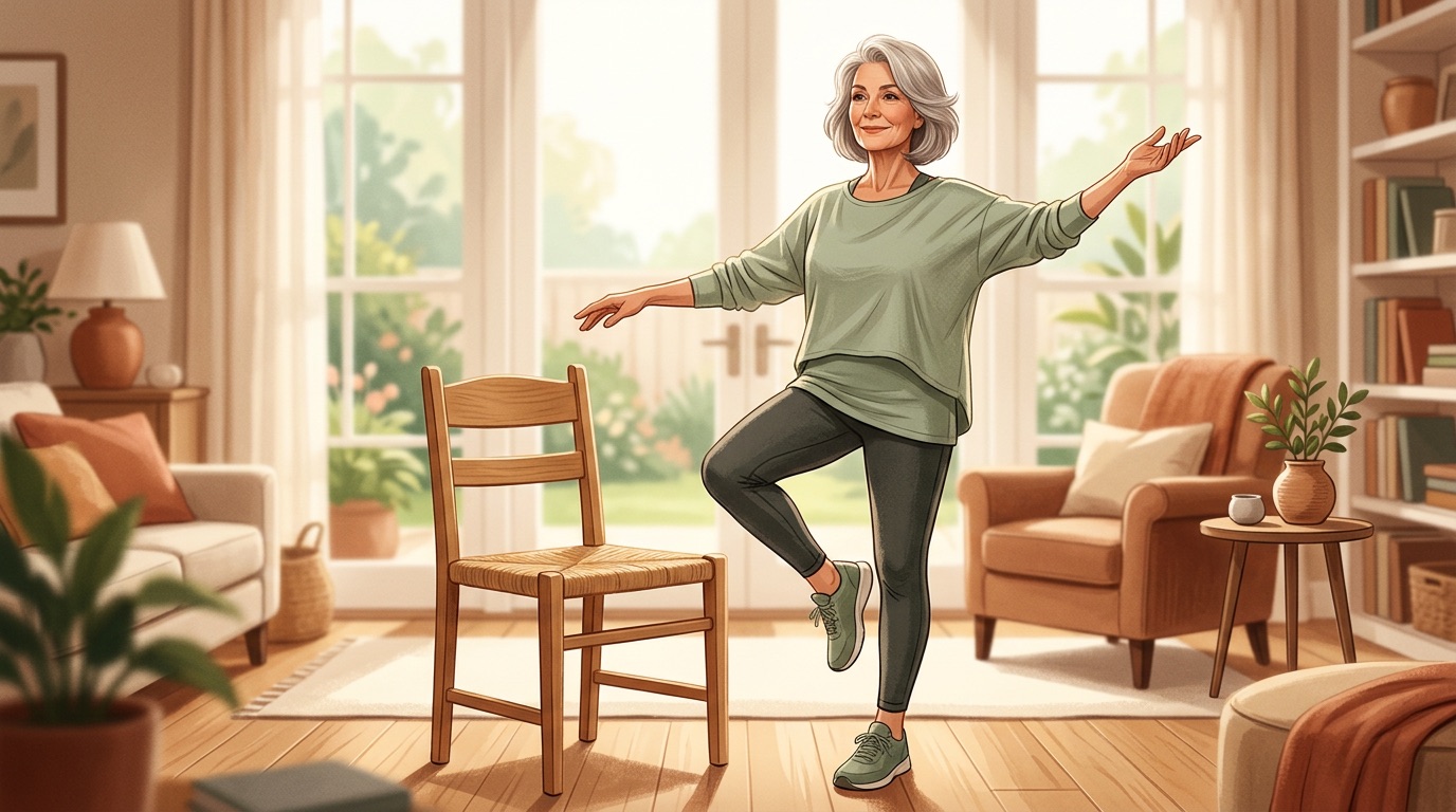 Senior following balance training exercise routine