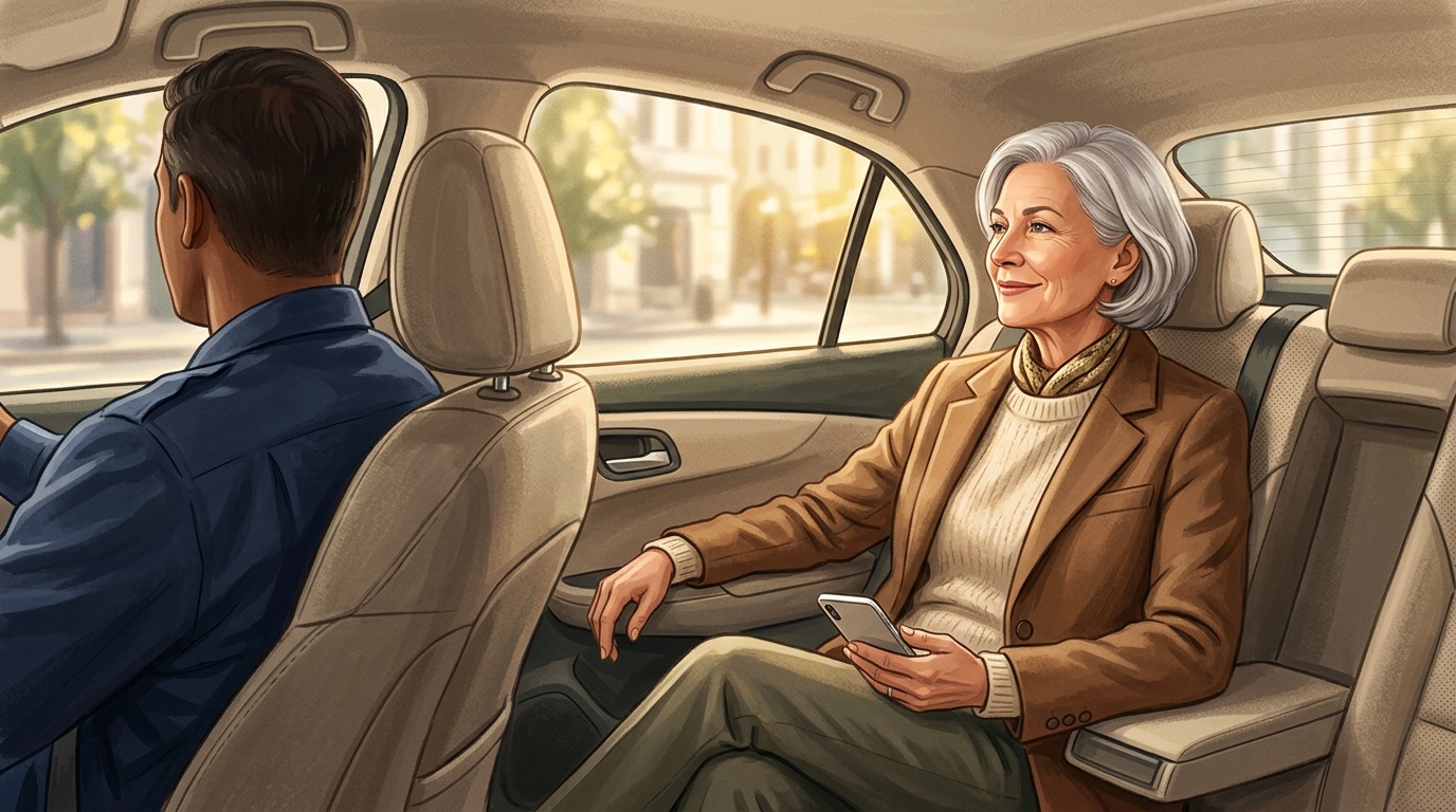 Senior using phone to book rideshare service