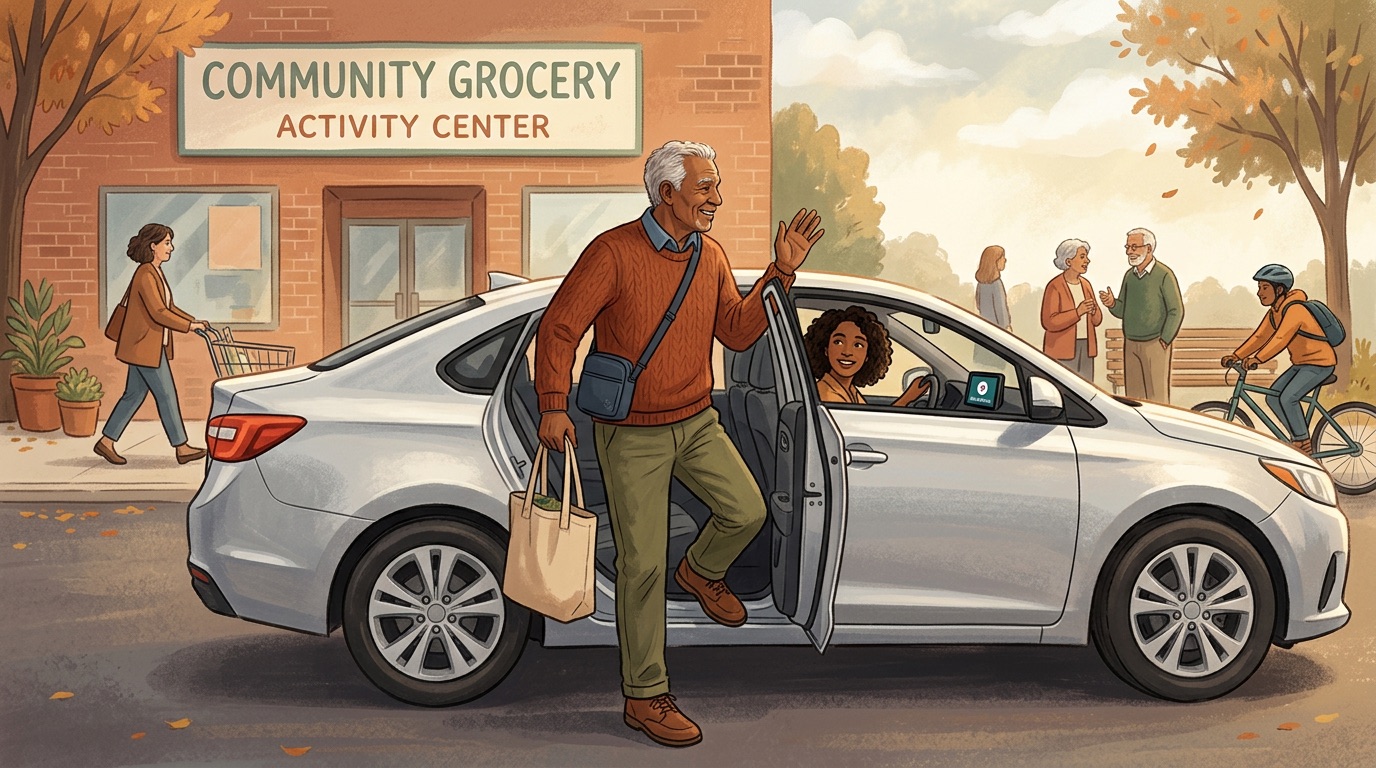 Senior using rideshare for daily activities and maintaining independence