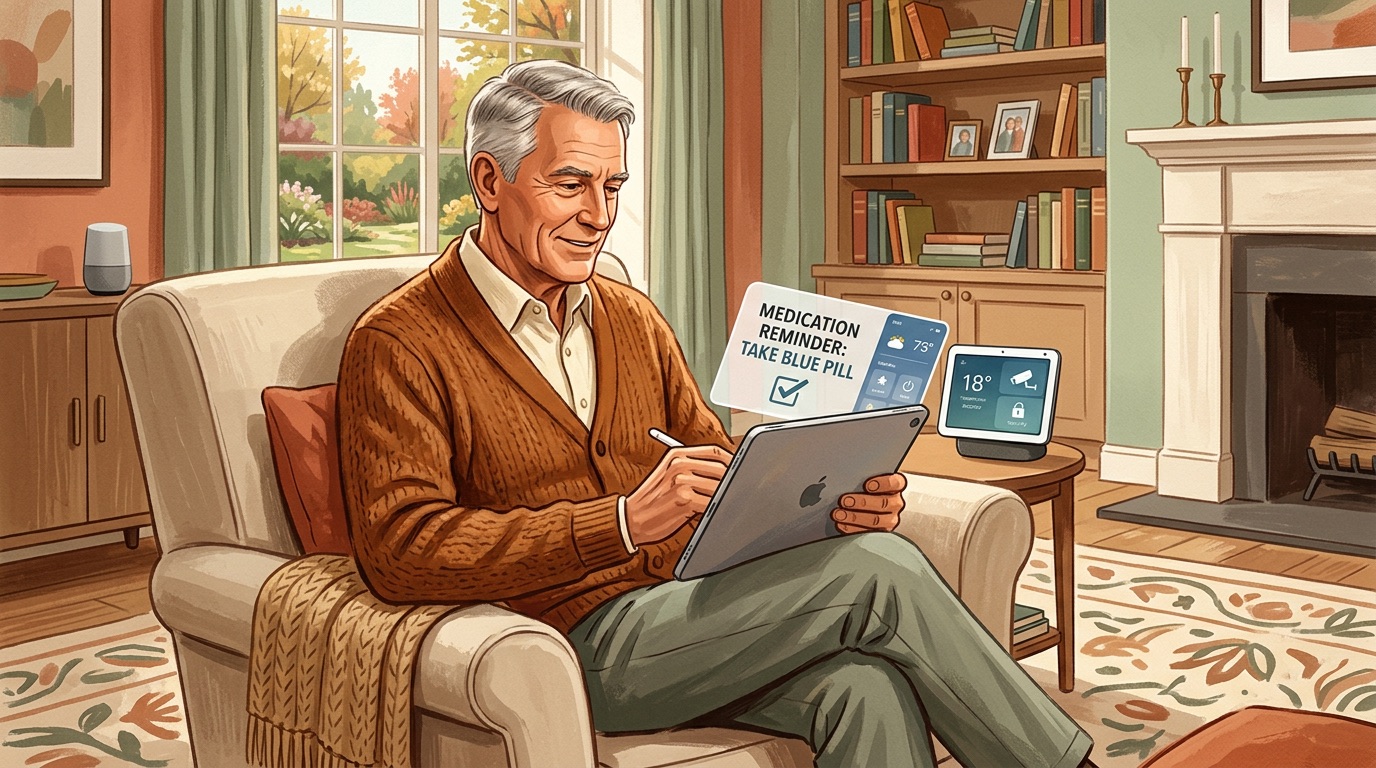 Senior using caregiving technology and devices