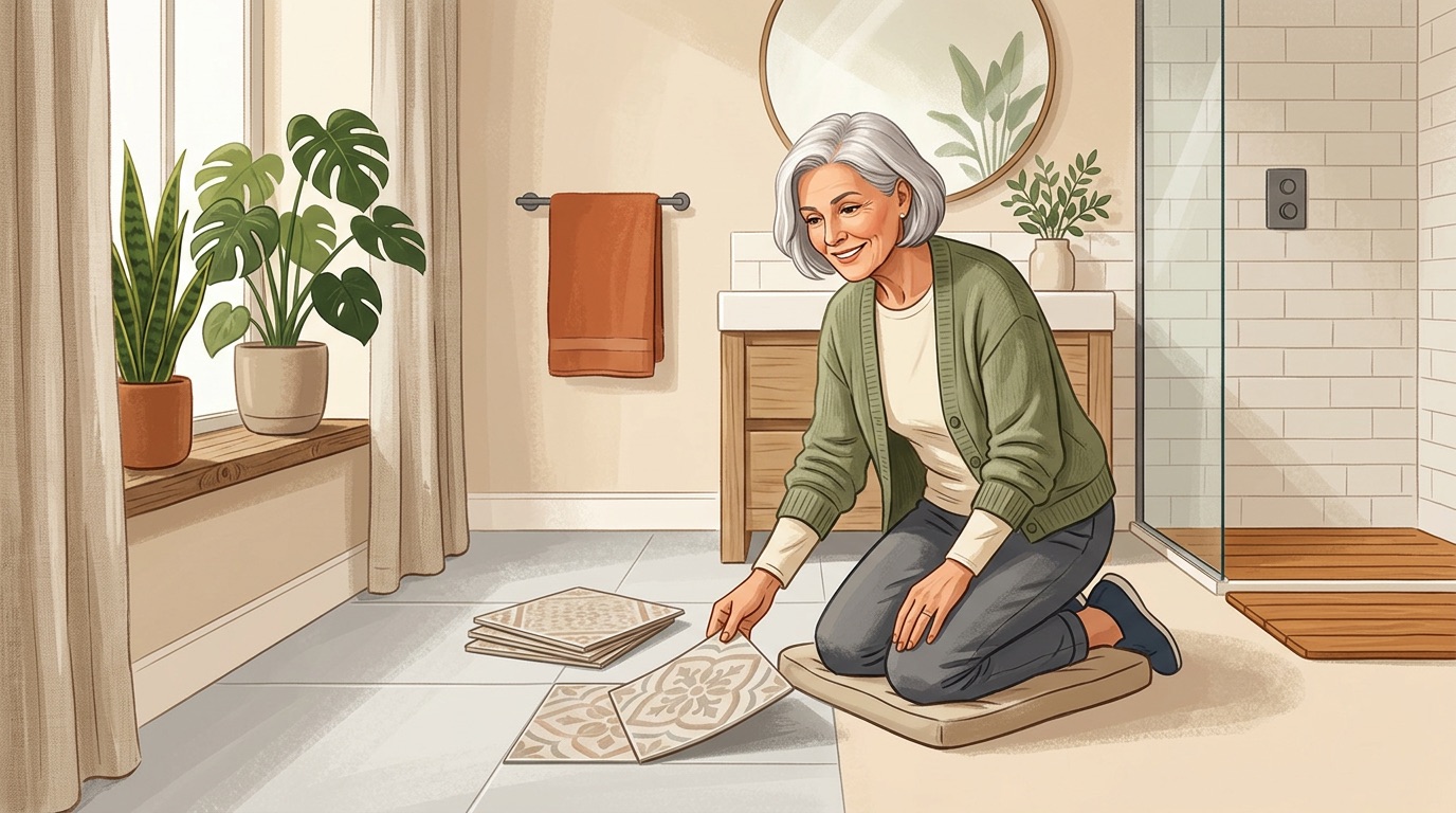 Senior woman installing removable non-slip tiles in bathroom
