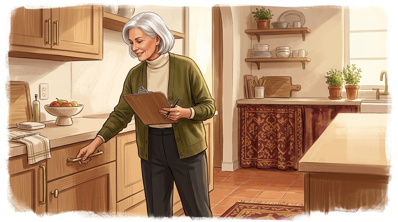 Senior woman conducting kitchen safety assessment
