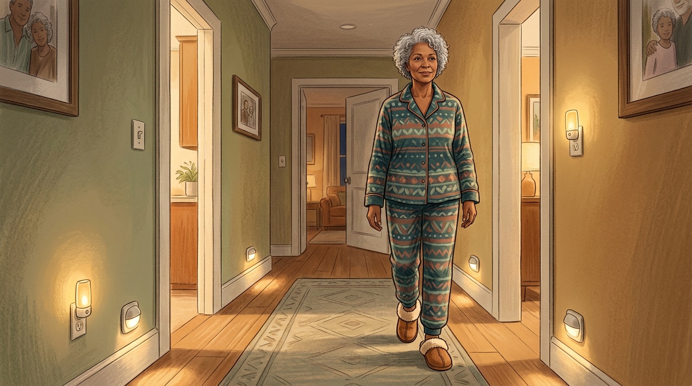 Older woman safely navigating hallway with proper lighting