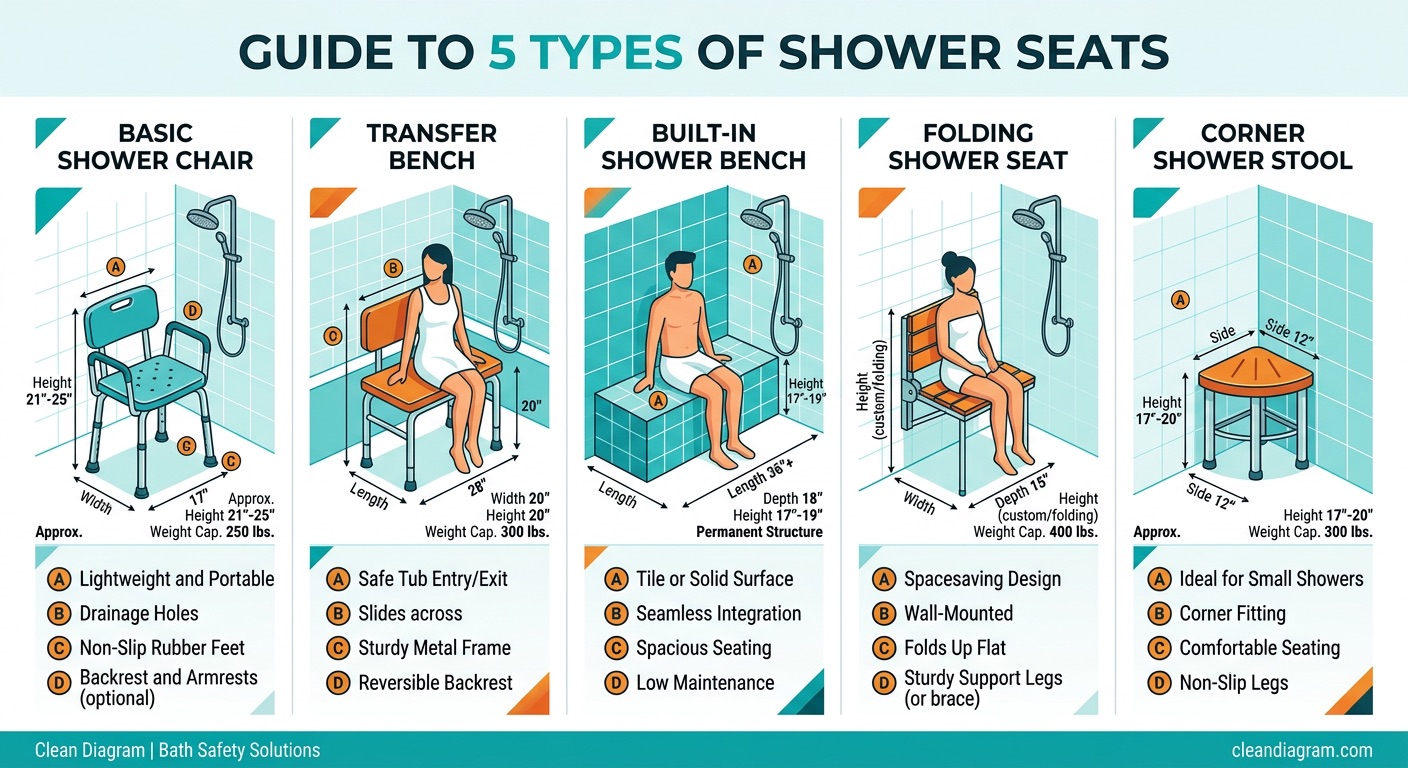 Comparison guide showing different types of shower chairs and benches with features
