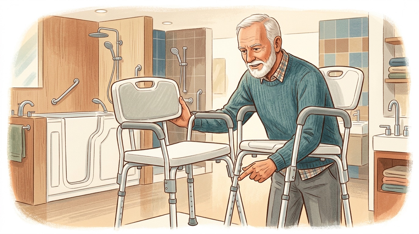 Key features and selection criteria for shower chairs including height, weight capacity, and materials