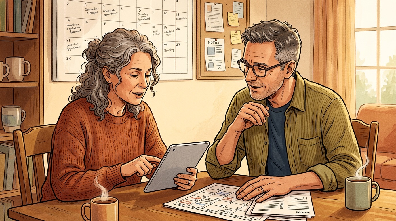 Siblings discussing and sharing caregiving responsibilities